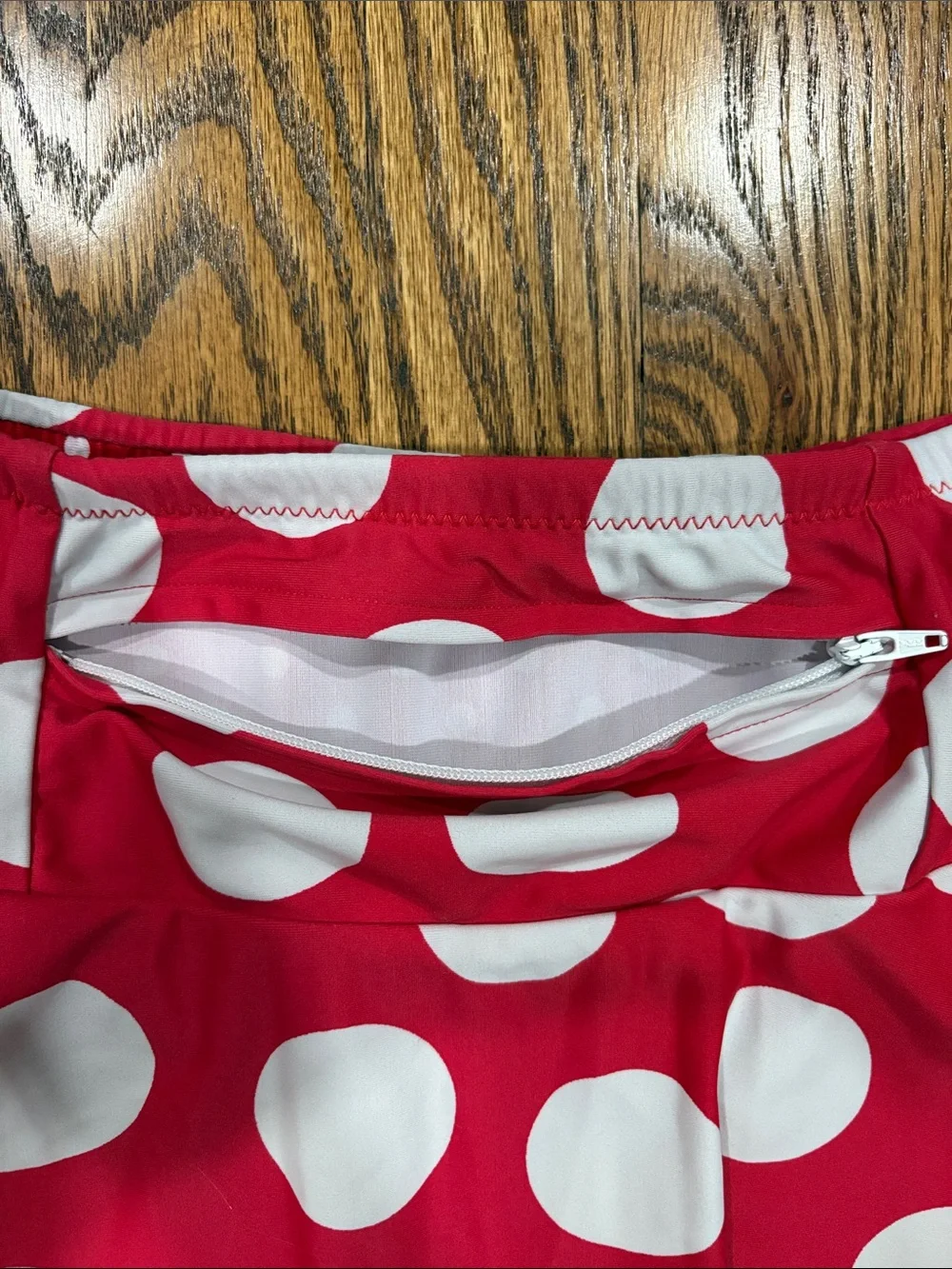 Sparkle Skirts red and white polka dot, athletic skort, size L. Made in USA!